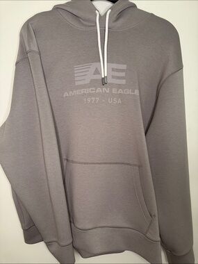 American Eagle Outfitters Taupe/Gray Pullover Hoodie with Logo